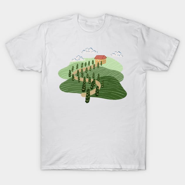 In this picture we see a road that winds among the hills of Tuscany. And at the end of this road stands a house. T-Shirt by Atom139